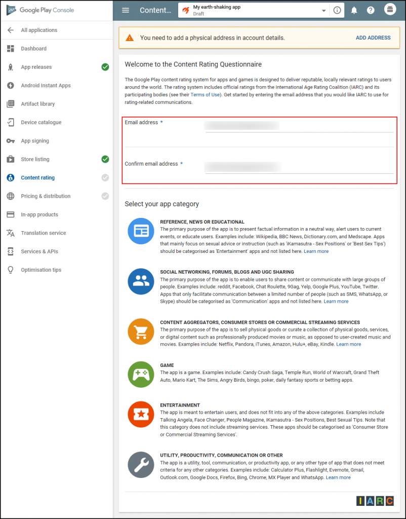 google play content rating system category and mail